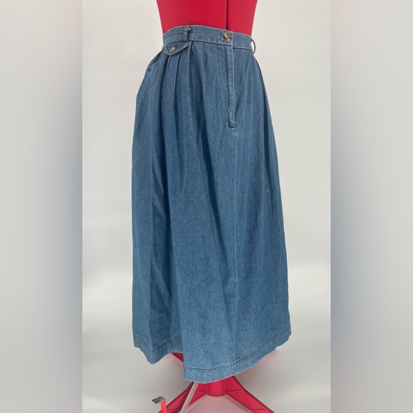 80s Vtg Preswick & Moore High Waist Denim Cotton Pleated Midi Skirt - Picture 2 of 13